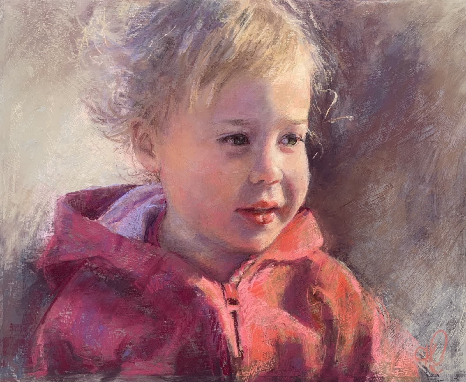 A finished pastel portrait of a young child in a pink jacket