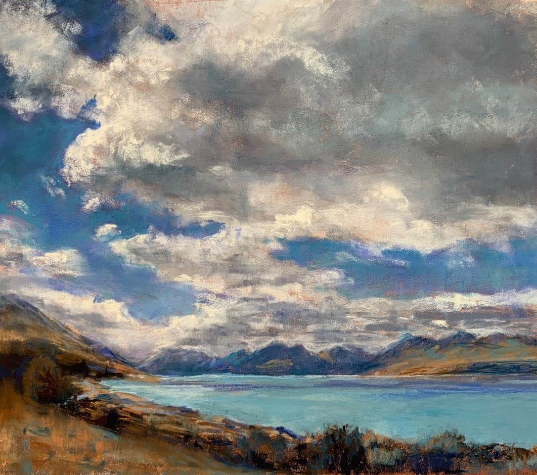 The finished pastel painting: cool cloud masses over turquoise water, with orange underpainting sparkling through